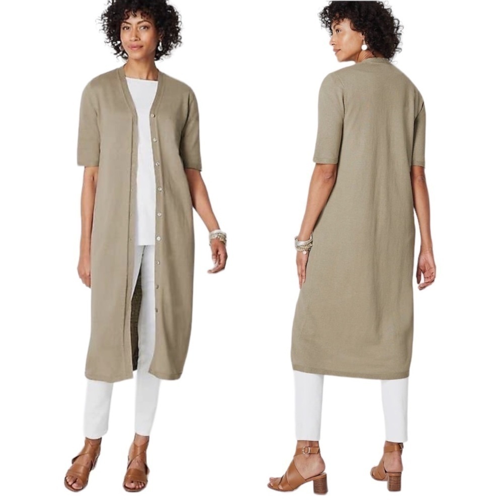 J JILL Linen Blend Cardigan Sweater Knit Button Down Midi Sage Green petite 8757